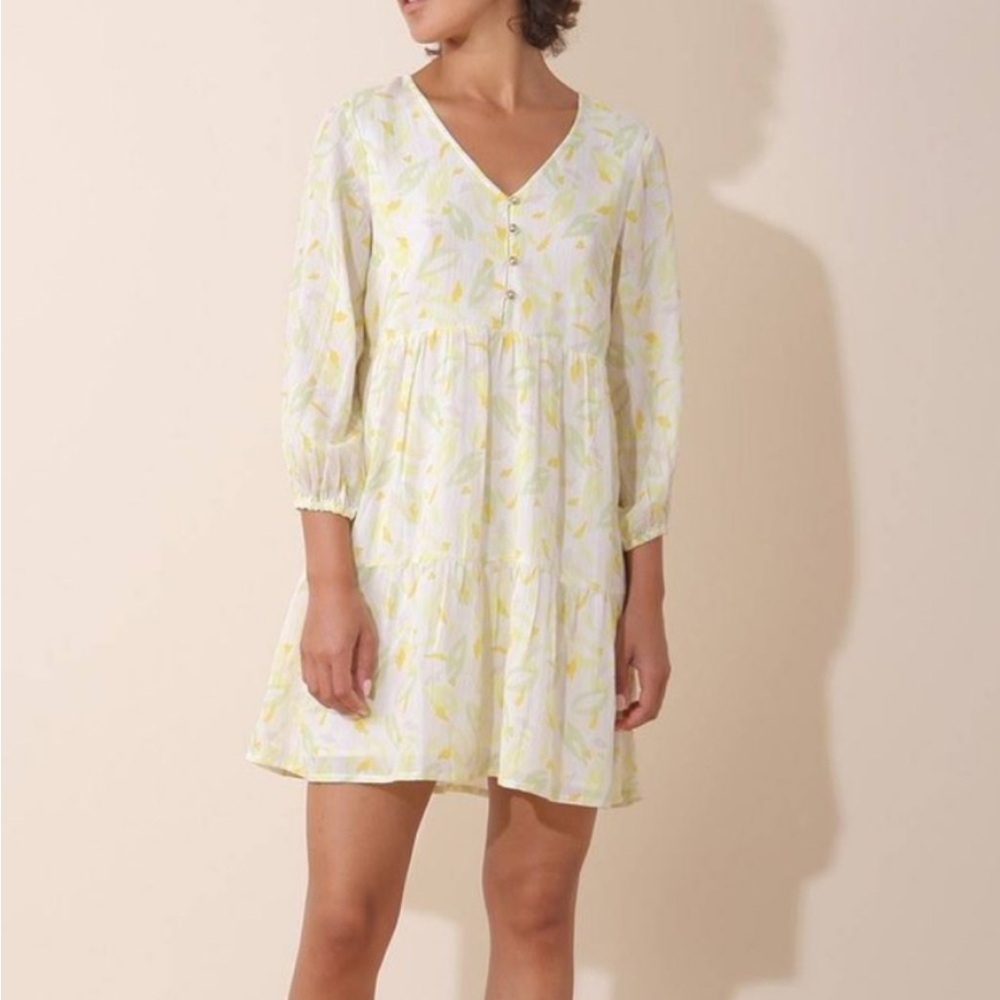 Indi & Cold  San Sebastian ICadie Citronela Print Long sleeve Mini Dress SZ M